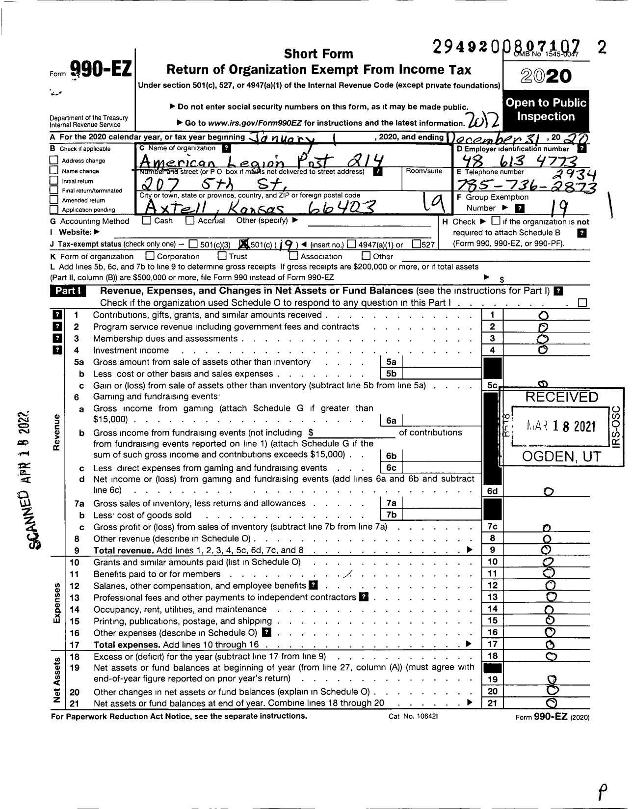 Image of first page of 2020 Form 990EO for American Legion - 214 R R Hendricks