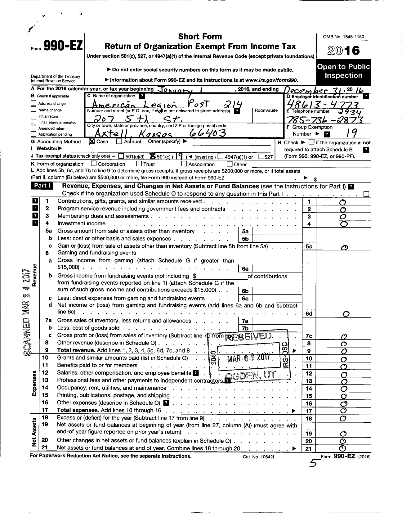 Image of first page of 2016 Form 990EO for American Legion Post 214