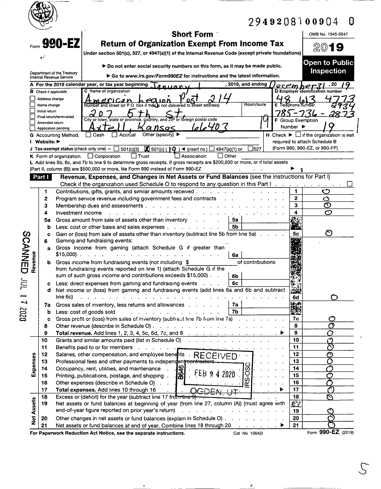 Image of first page of 2019 Form 990EO for American Legion Post 214