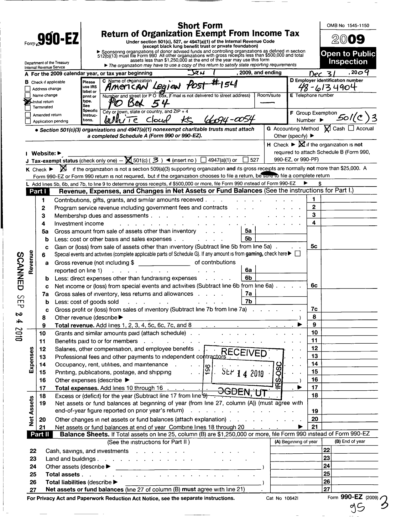 Image of first page of 2009 Form 990EZ for White Cloud Region