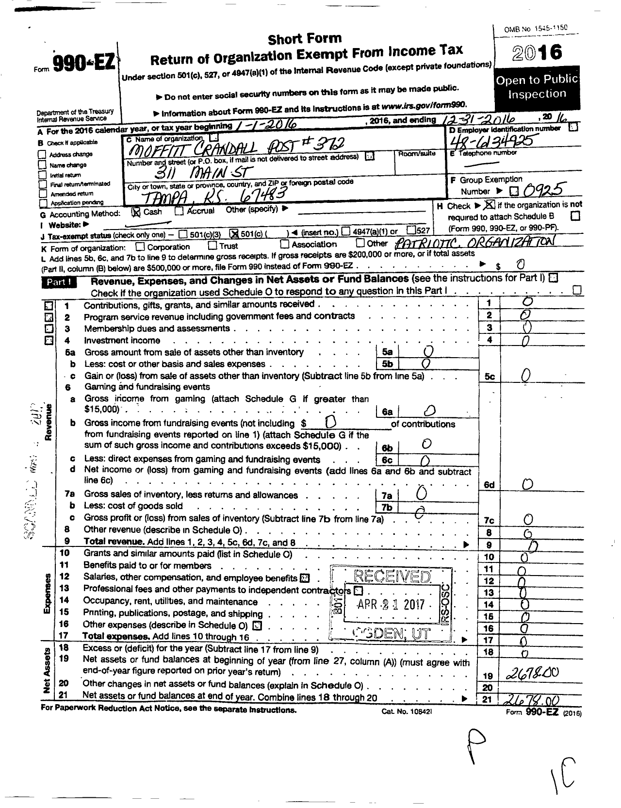 Image of first page of 2016 Form 990EO for American Legion - 372 Moffitt-Crandall