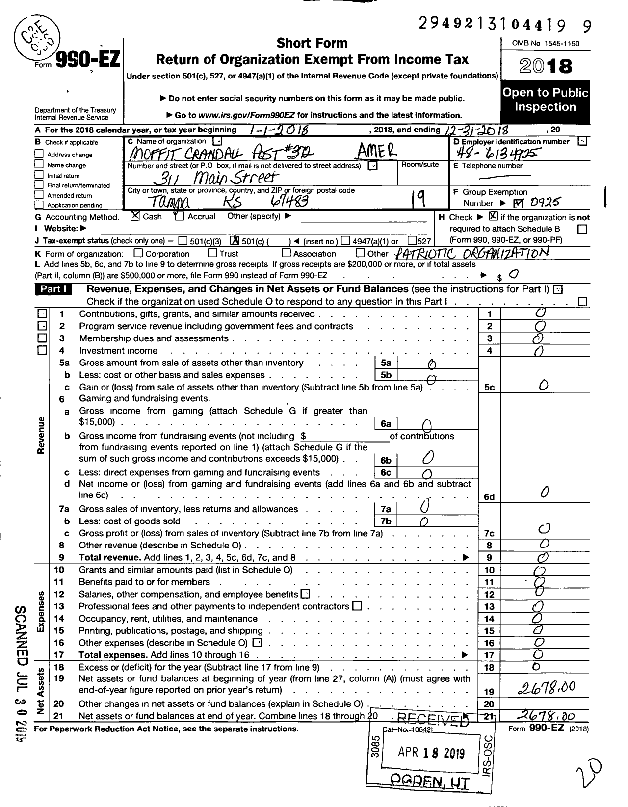 Image of first page of 2018 Form 990EO for American Legion - 372 Moffitt-Crandall