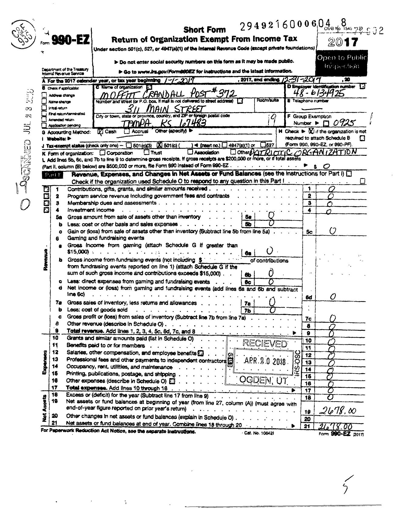 Image of first page of 2017 Form 990EO for American Legion - 372 Moffitt-Crandall