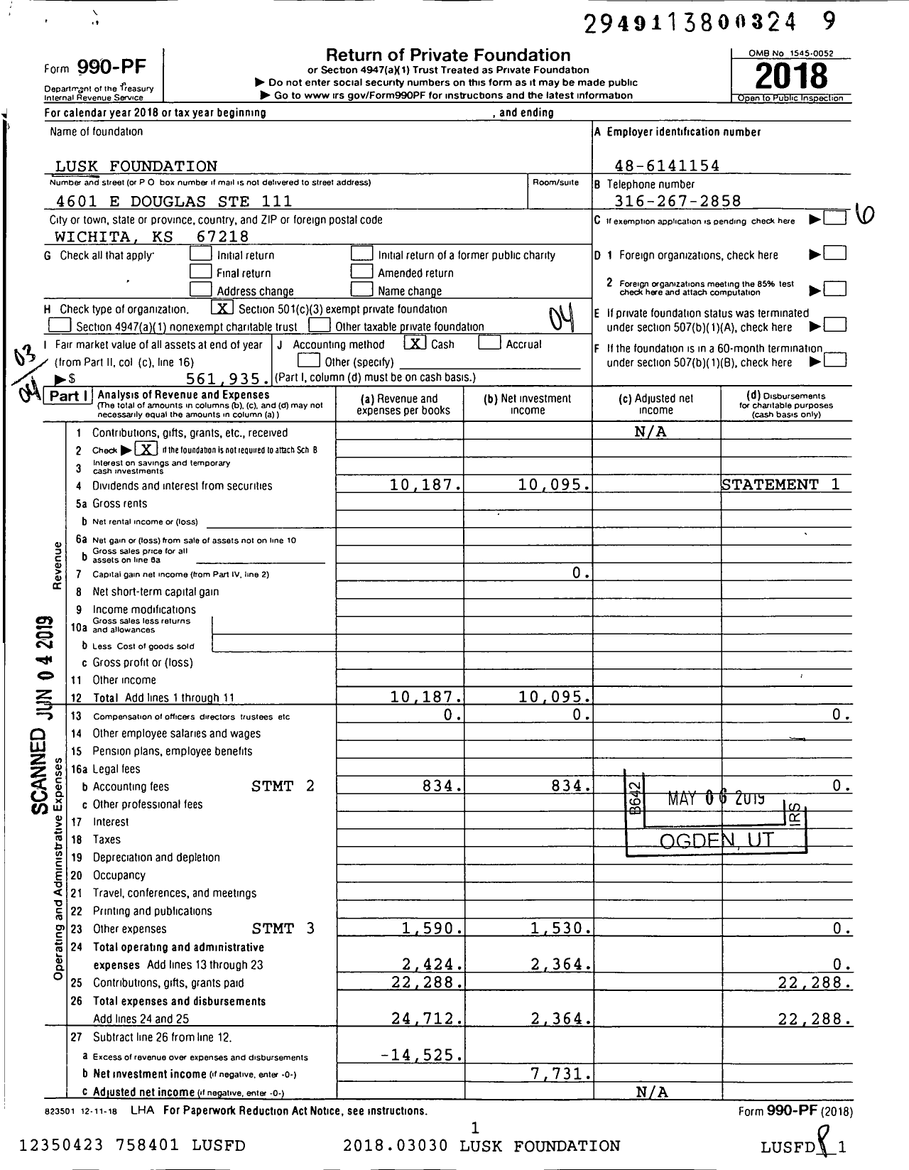 Image of first page of 2018 Form 990PF for Lusk Foundation