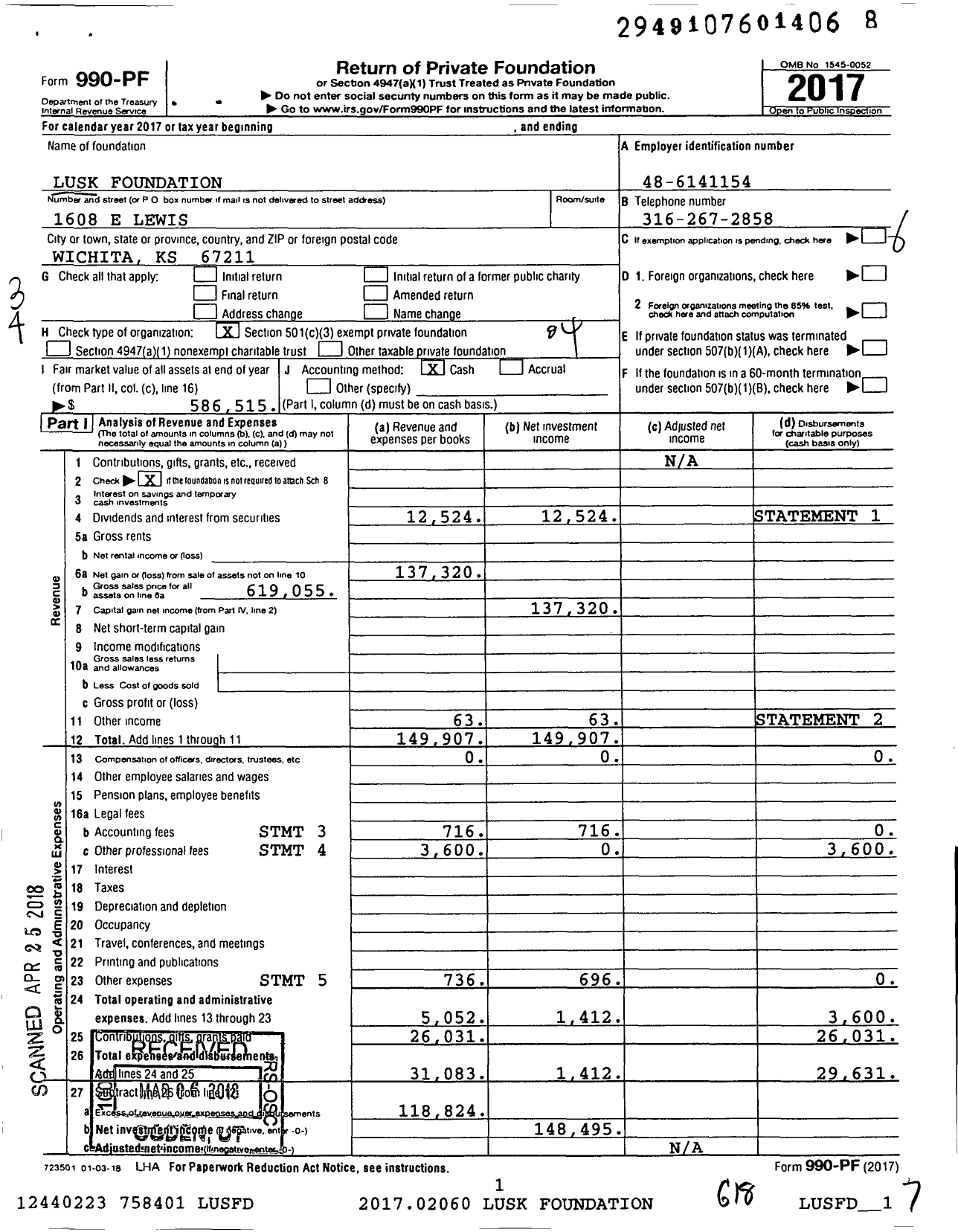 Image of first page of 2017 Form 990PF for Lusk Foundation