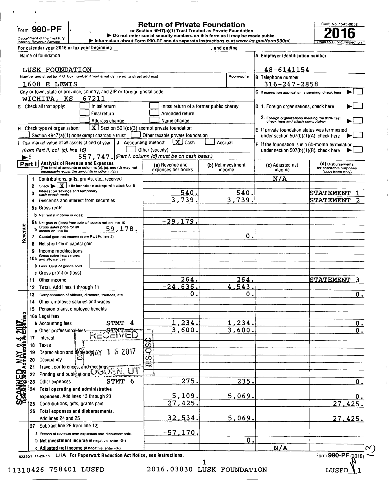 Image of first page of 2016 Form 990PF for Lusk Foundation