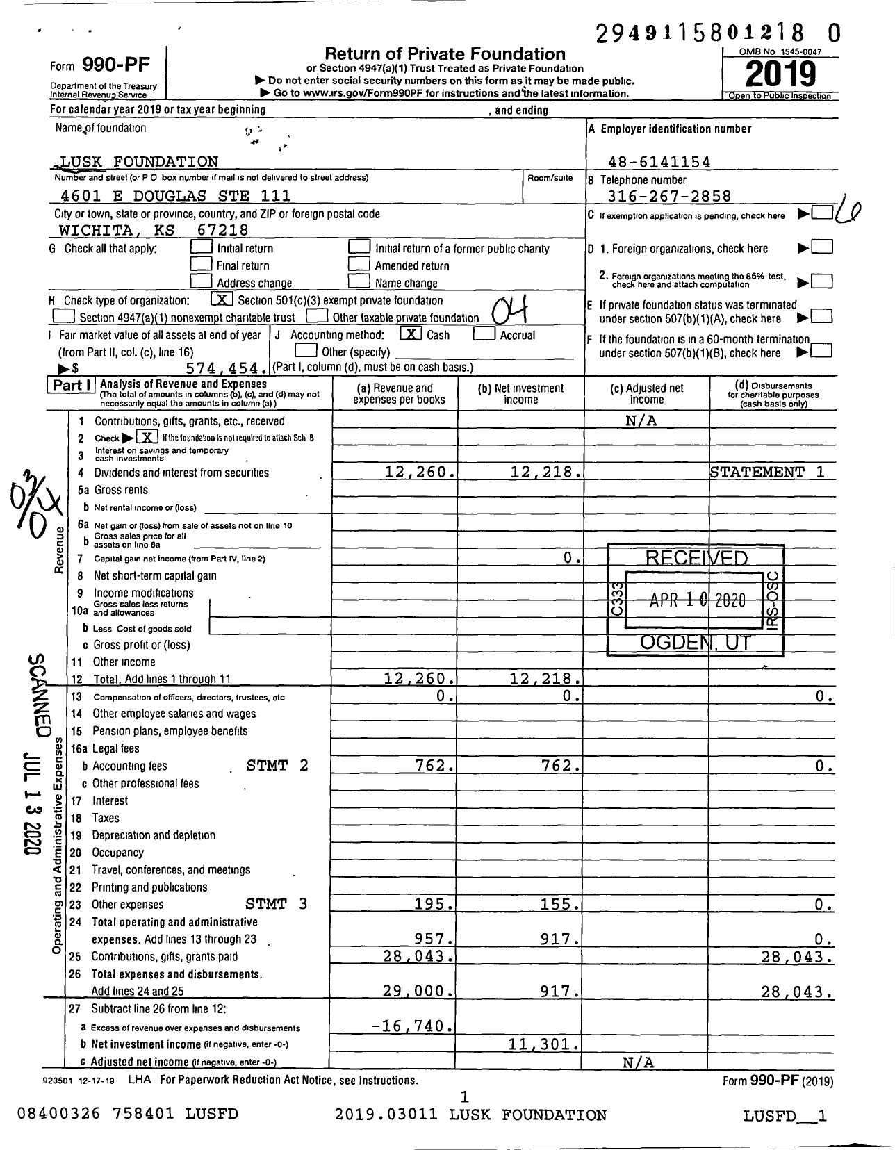 Image of first page of 2019 Form 990PR for Lusk Foundation