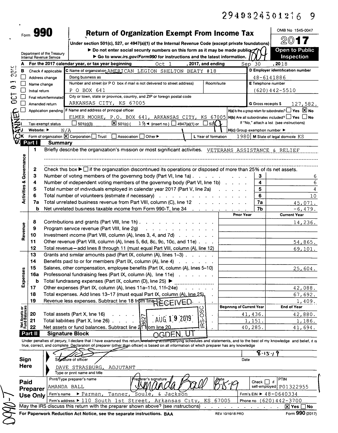 Image of first page of 2017 Form 990O for American Legion - 18 Shelton Beaty