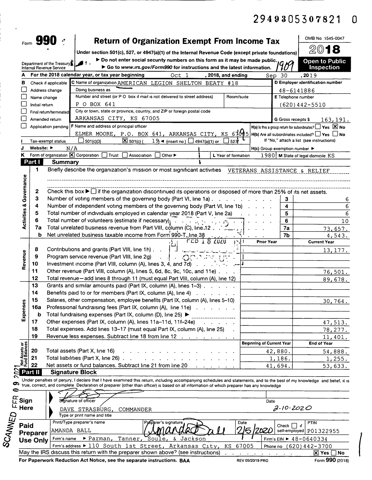 Image of first page of 2018 Form 990O for American Legion - 18 Shelton Beaty