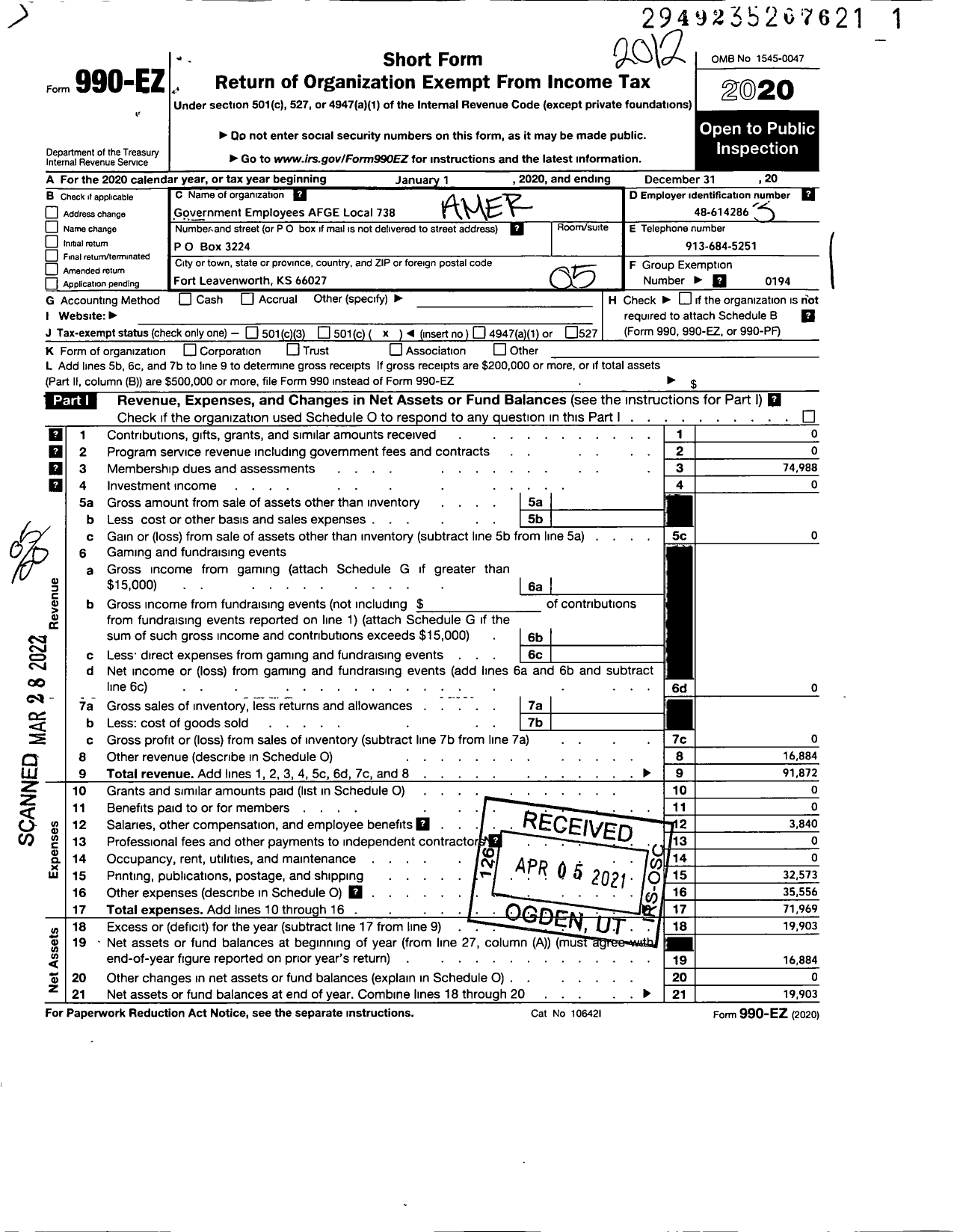 Image of first page of 2020 Form 990EO for American Federation of Government Employees - 0738 Afge Aafes Local