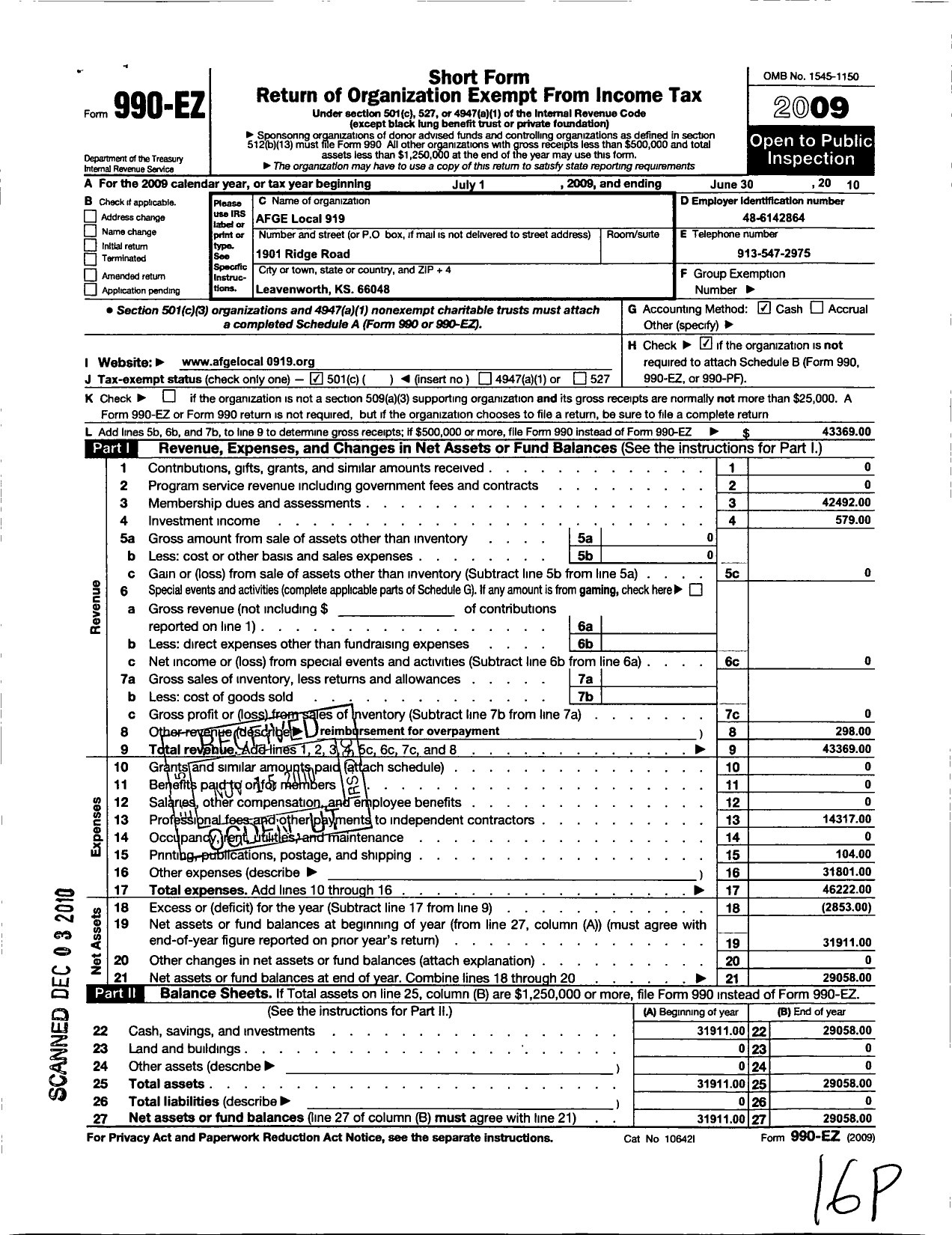 Image of first page of 2009 Form 990EO for American Federation of Government Employees - 0919 Afge Bop Local