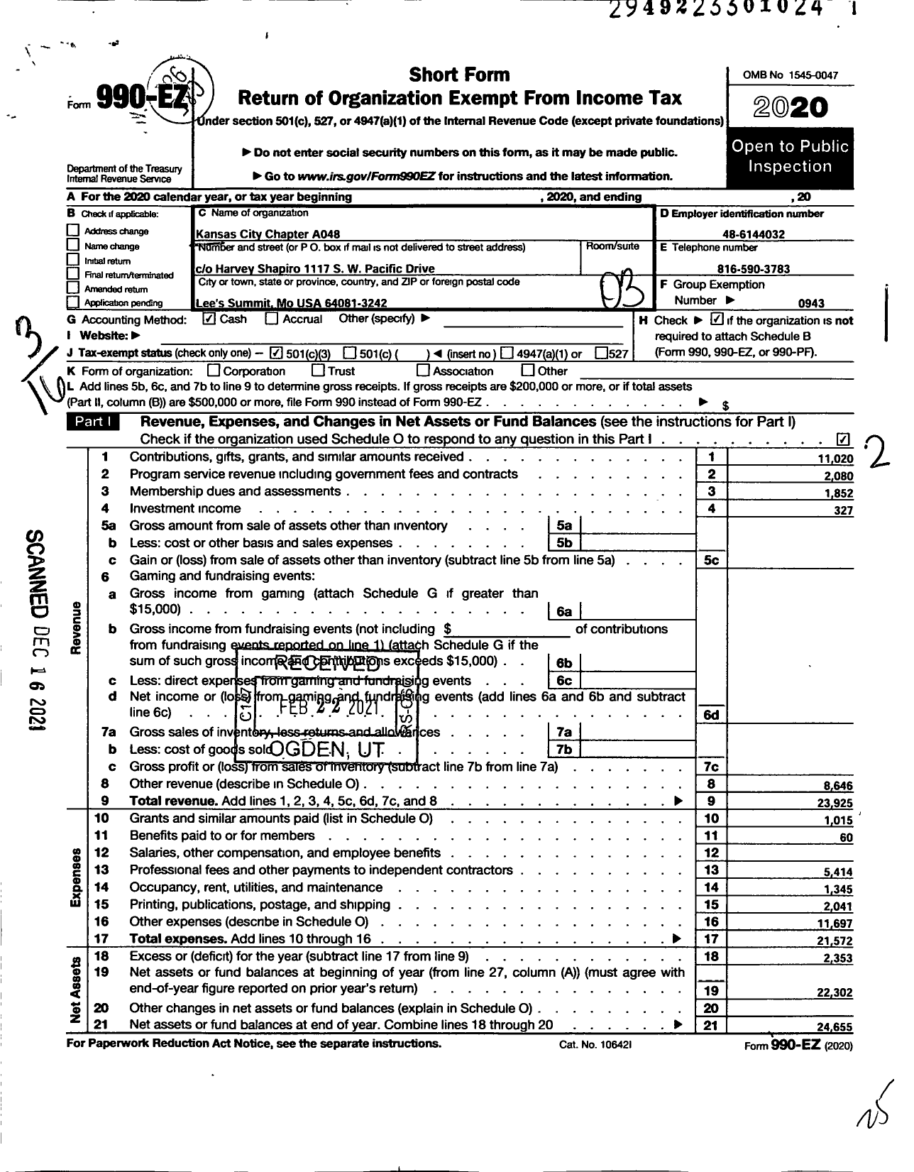 Image of first page of 2020 Form 990EZ for Barbershop Harmony Society - A048 Kansas City