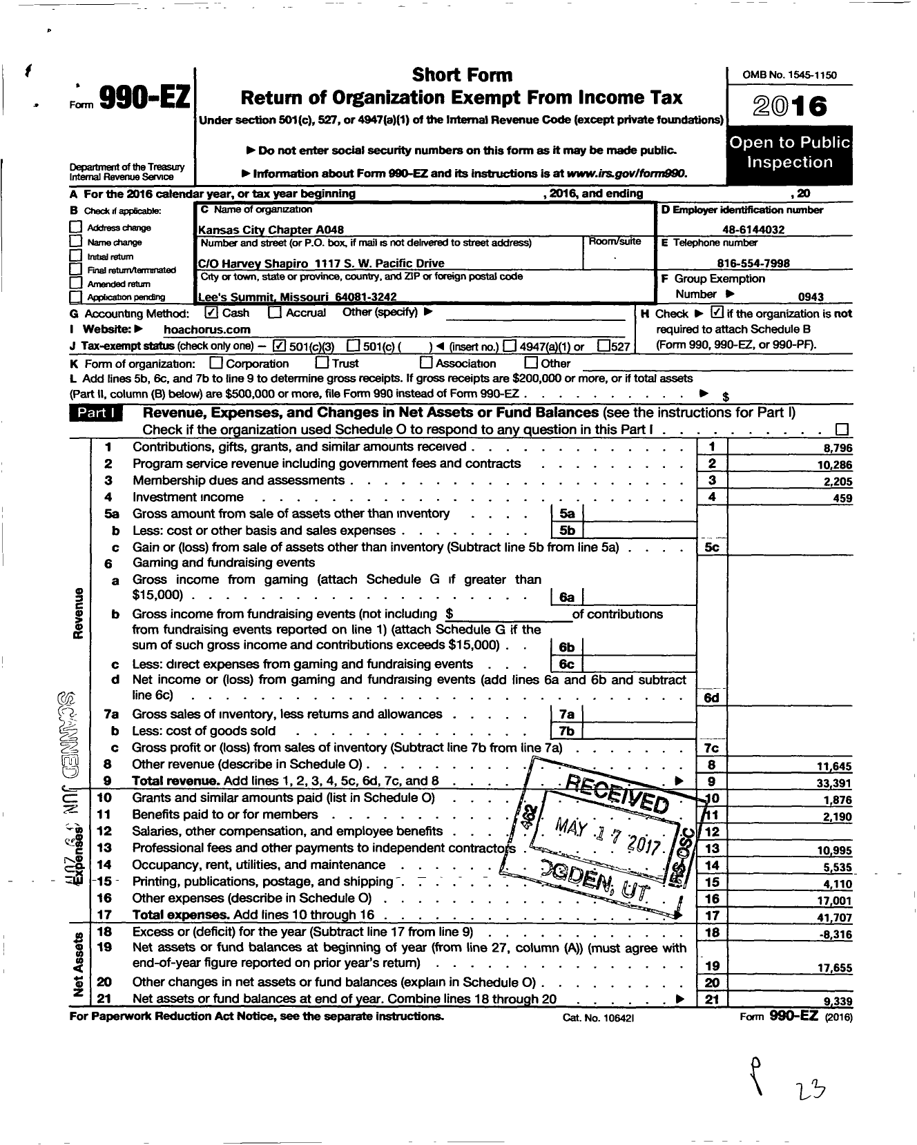 Image of first page of 2016 Form 990EZ for Barbershop Harmony Society - A048 Kansas City