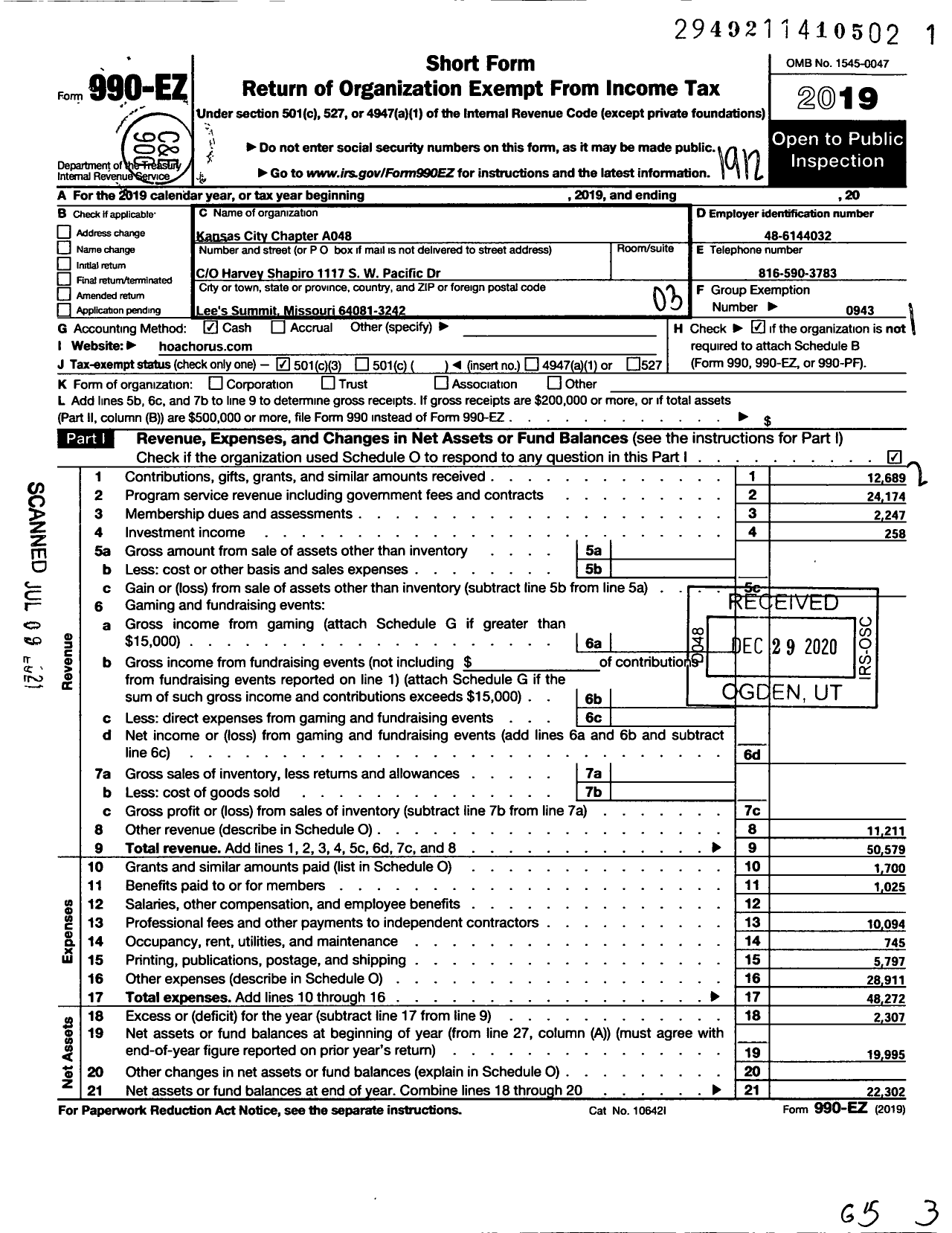 Image of first page of 2019 Form 990EZ for Barbershop Harmony Society - A048 Kansas City