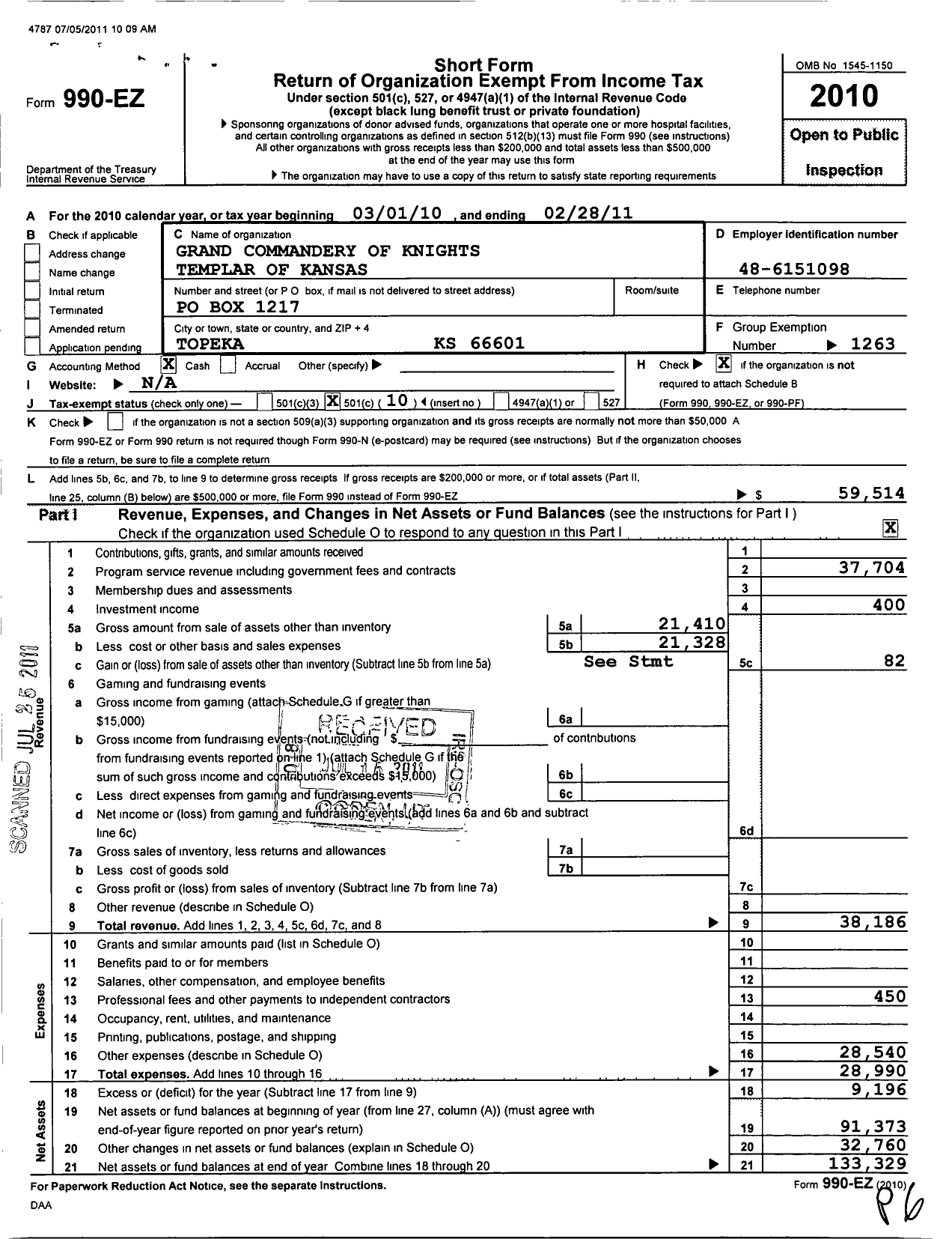 Image of first page of 2010 Form 990EO for Knights Templar - Grand Commandery of Kansas