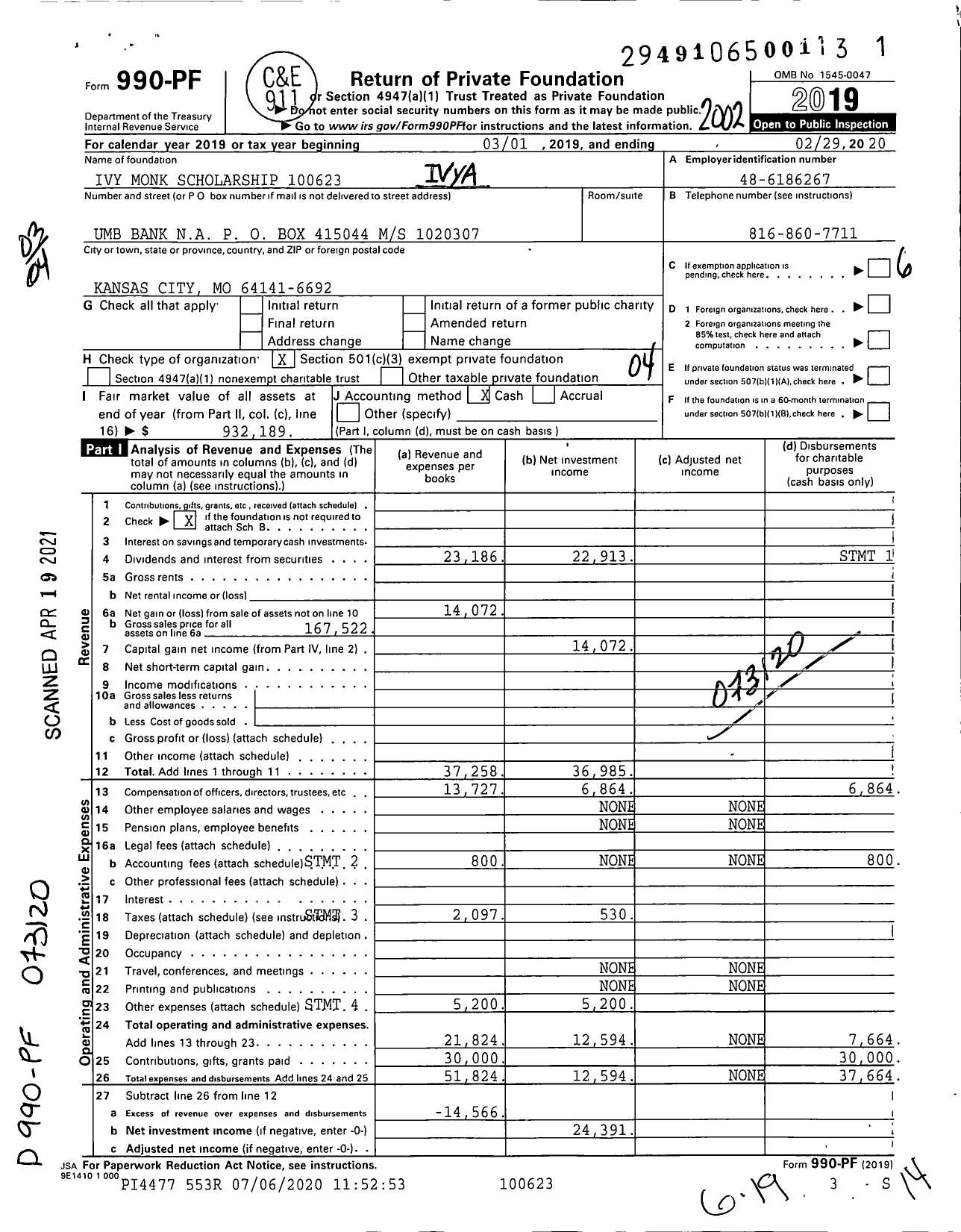 Image of first page of 2019 Form 990PF for Ivy Monk Scholarship 10062300