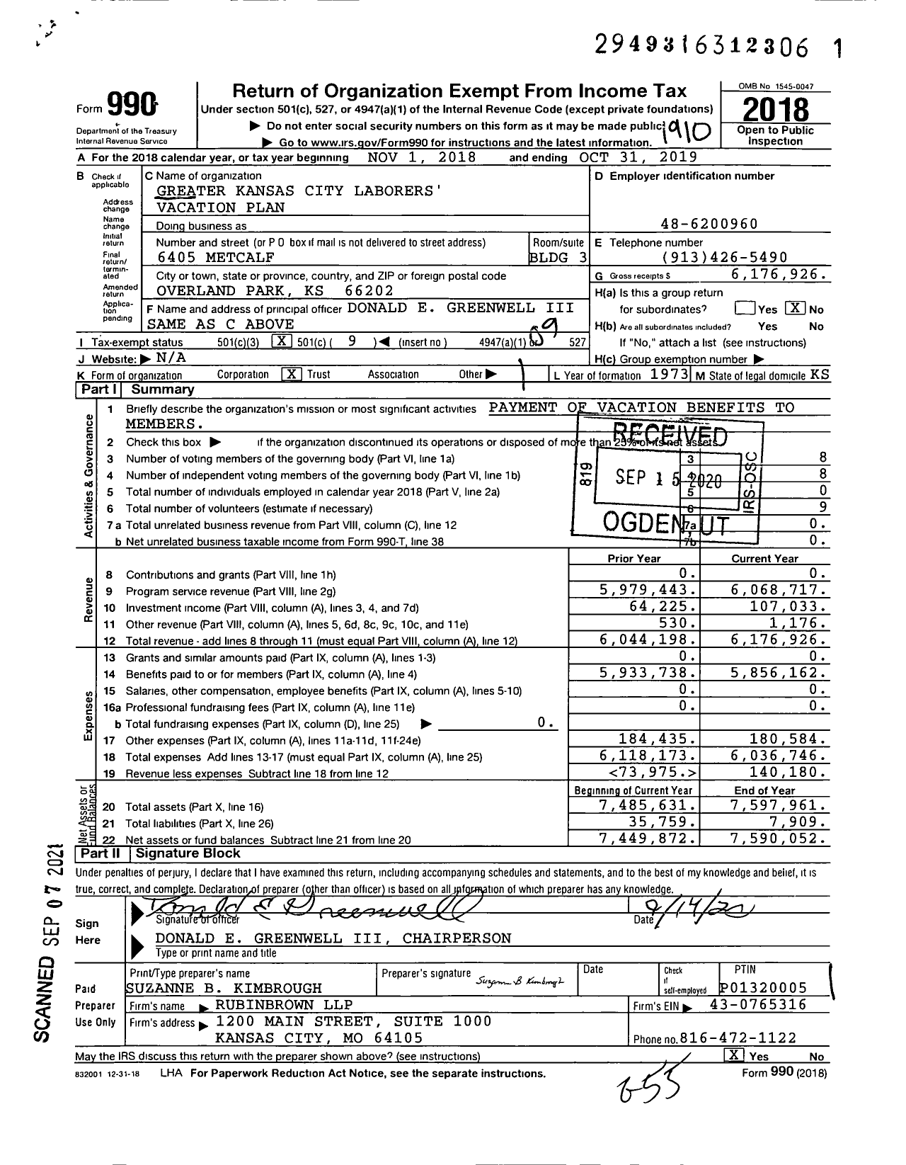 Image of first page of 2018 Form 990O for Greater Kansas City Laborers' Vacation Plan