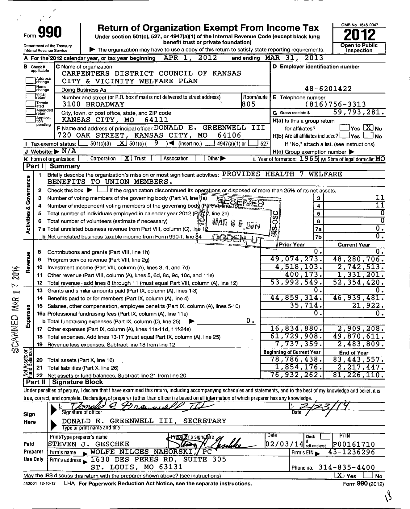 Image of first page of 2012 Form 990O for Carpenters District Council of Kansas City and Vicinity Welfare