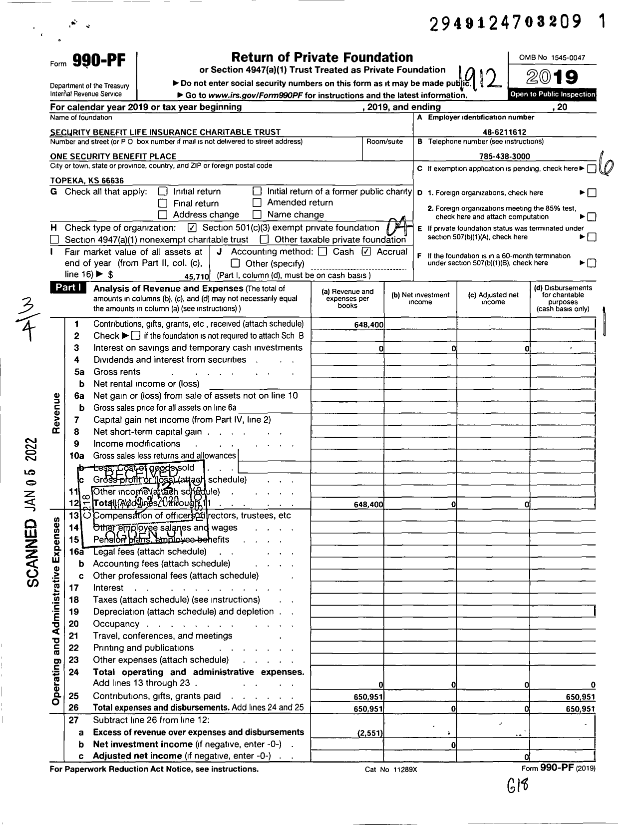 Image of first page of 2019 Form 990PF for Security Benefit Life Insurance Charitable Trust