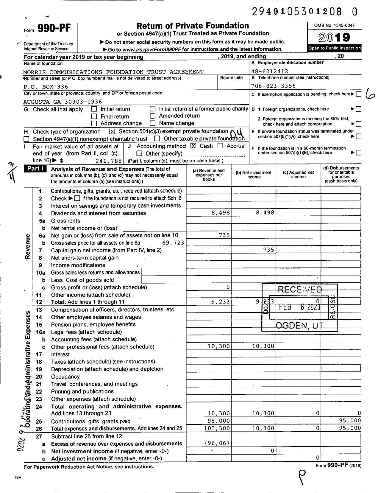 Image of first page of 2019 Form 990PR for Morris Communications Foundation Trust Agreement