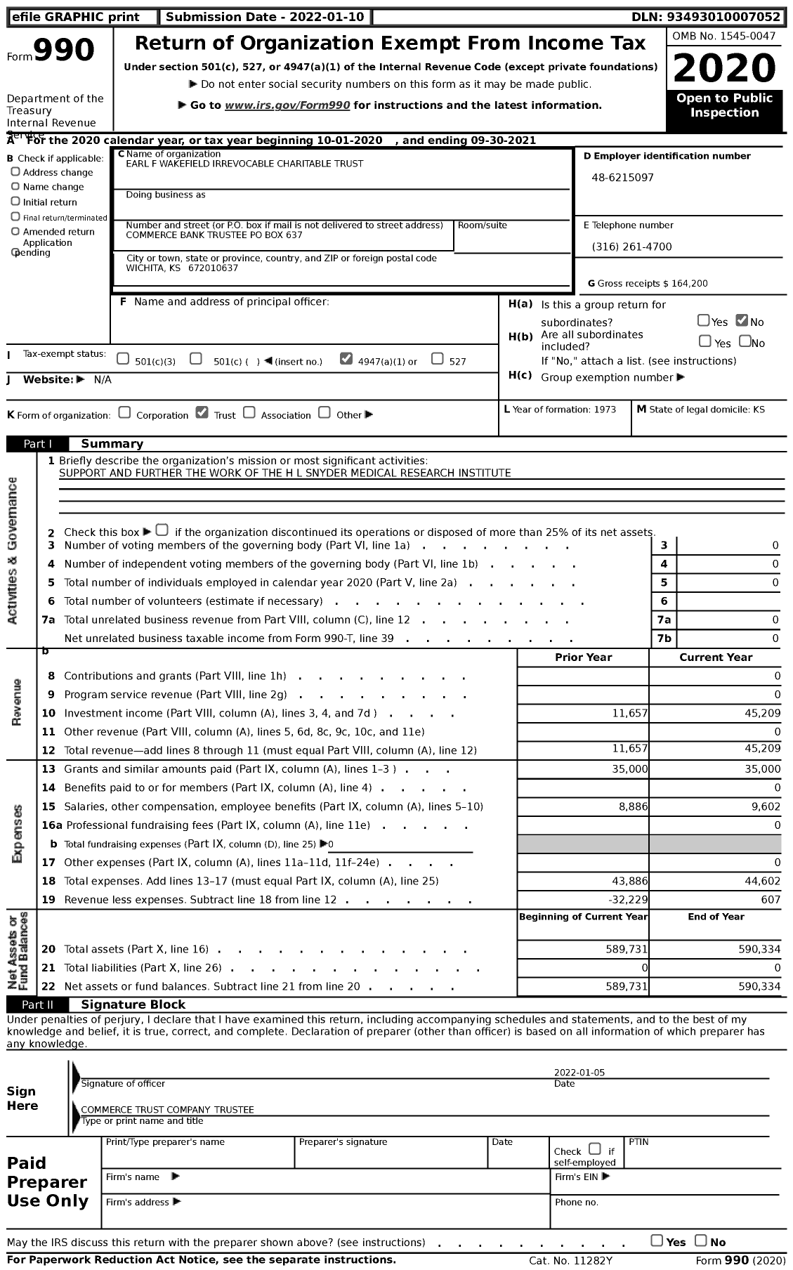 Image of first page of 2020 Form 990 for Earl F Wakefield Irrevocable Charitable Trust