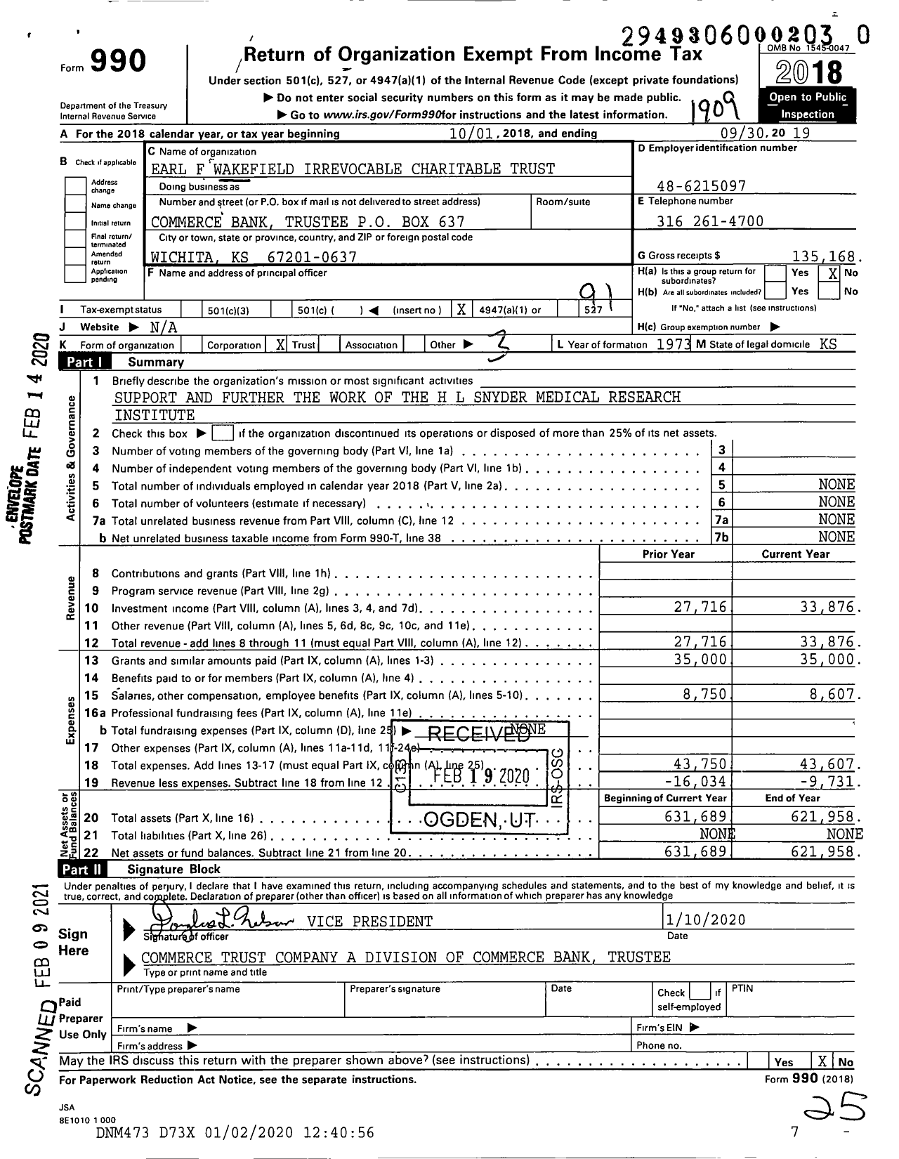 Image of first page of 2018 Form 990O for Earl F Wakefield Irrevocable Charitable Trust