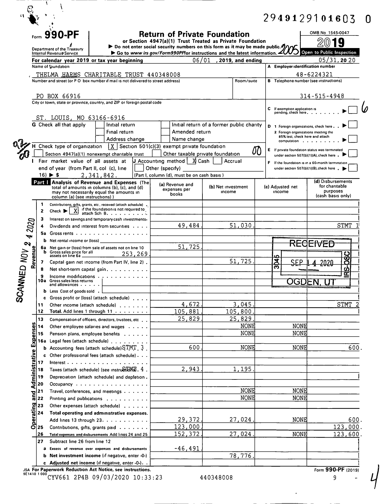 Image of first page of 2019 Form 990PF for Thelma Harms Charitable Trust XXX-XX-XXXX