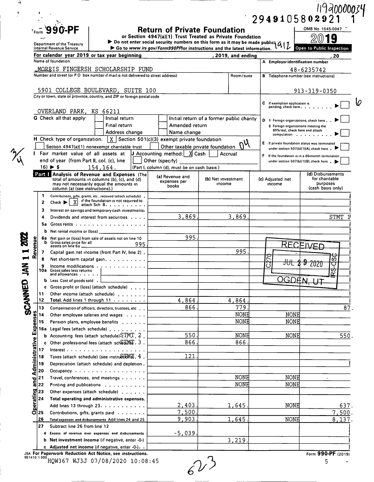 Image of first page of 2019 Form 990PF for Morris Fingersh Scholarship Fund