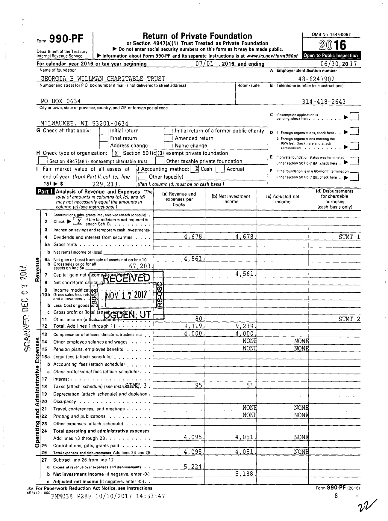 Image of first page of 2016 Form 990PF for Georgia B Willman Charitable Trust