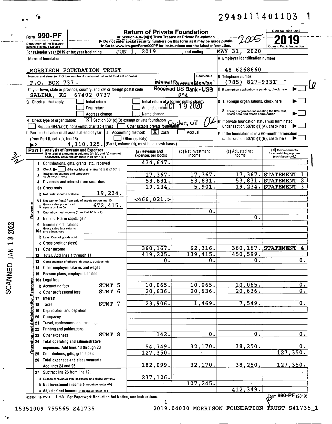 Image of first page of 2019 Form 990PF for Morrison Foundation Trust