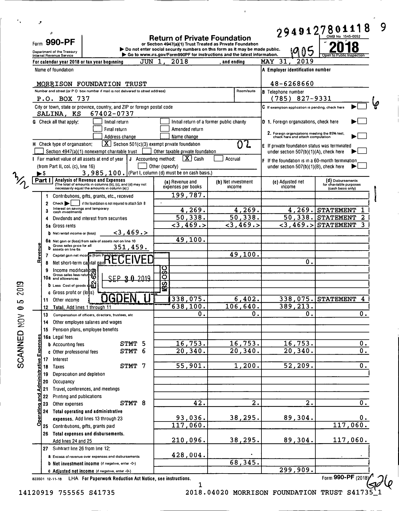 Image of first page of 2018 Form 990PF for Morrison Foundation Trust