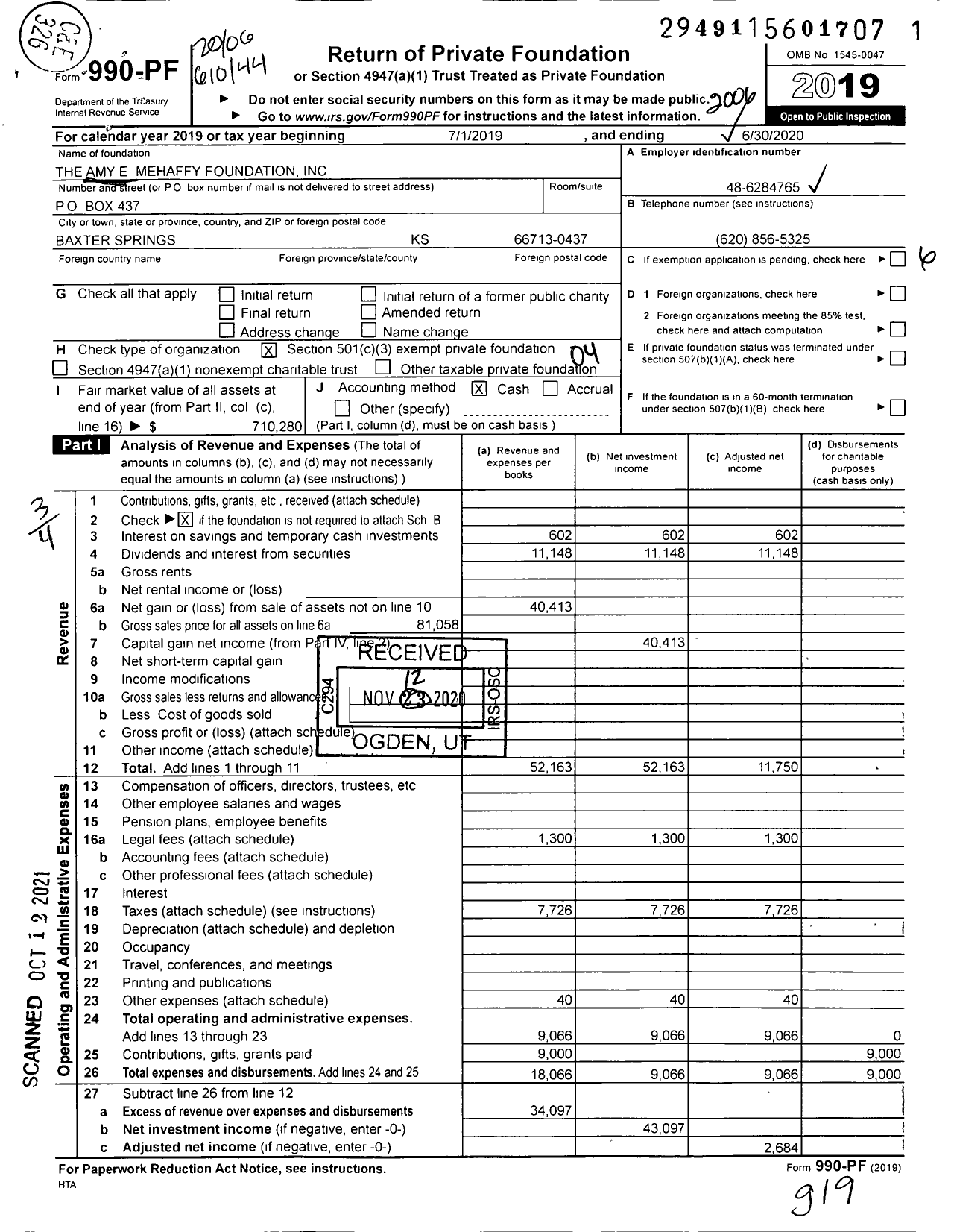 Image of first page of 2019 Form 990PF for The Amy E Mehaffy Foundation