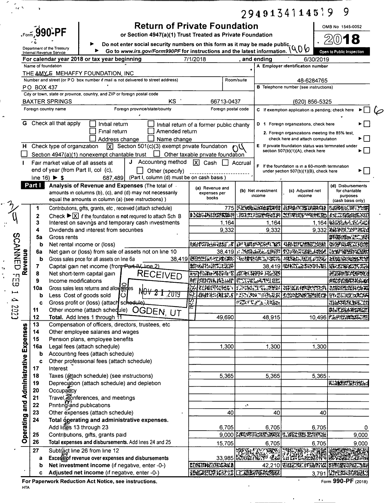 Image of first page of 2018 Form 990PF for The Amy E Mehaffy Foundation