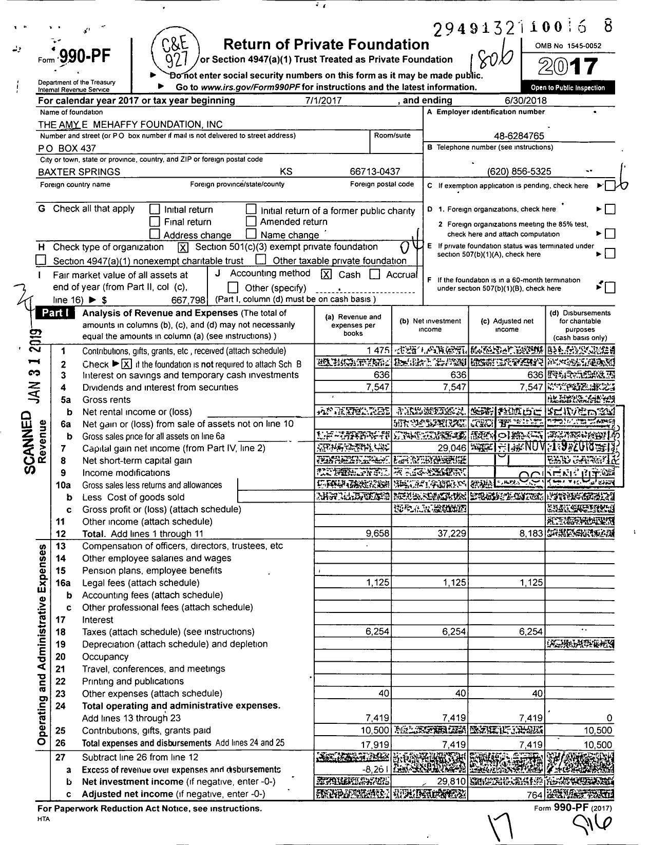 Image of first page of 2017 Form 990PF for The Amy E Mehaffy Foundation