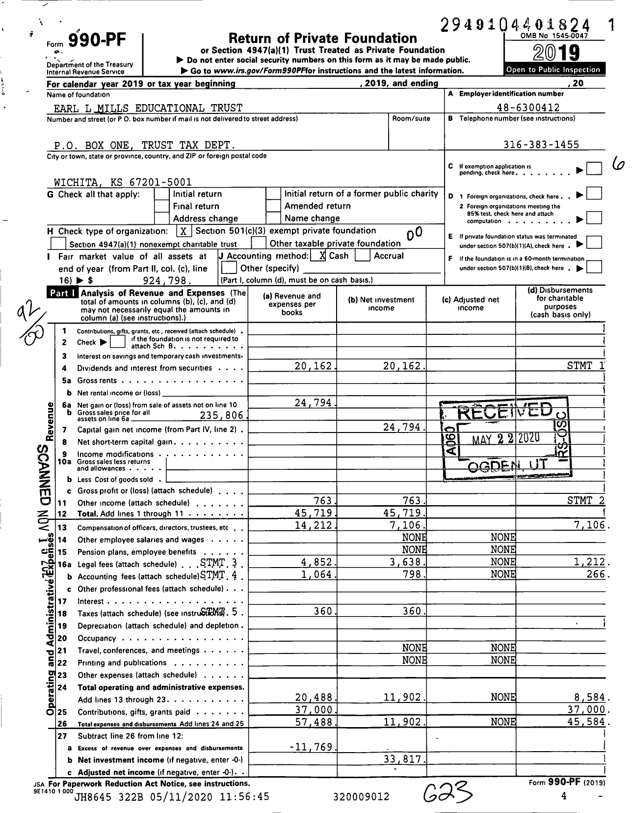 Image of first page of 2019 Form 990PF for Earl L Mills Educational Trust