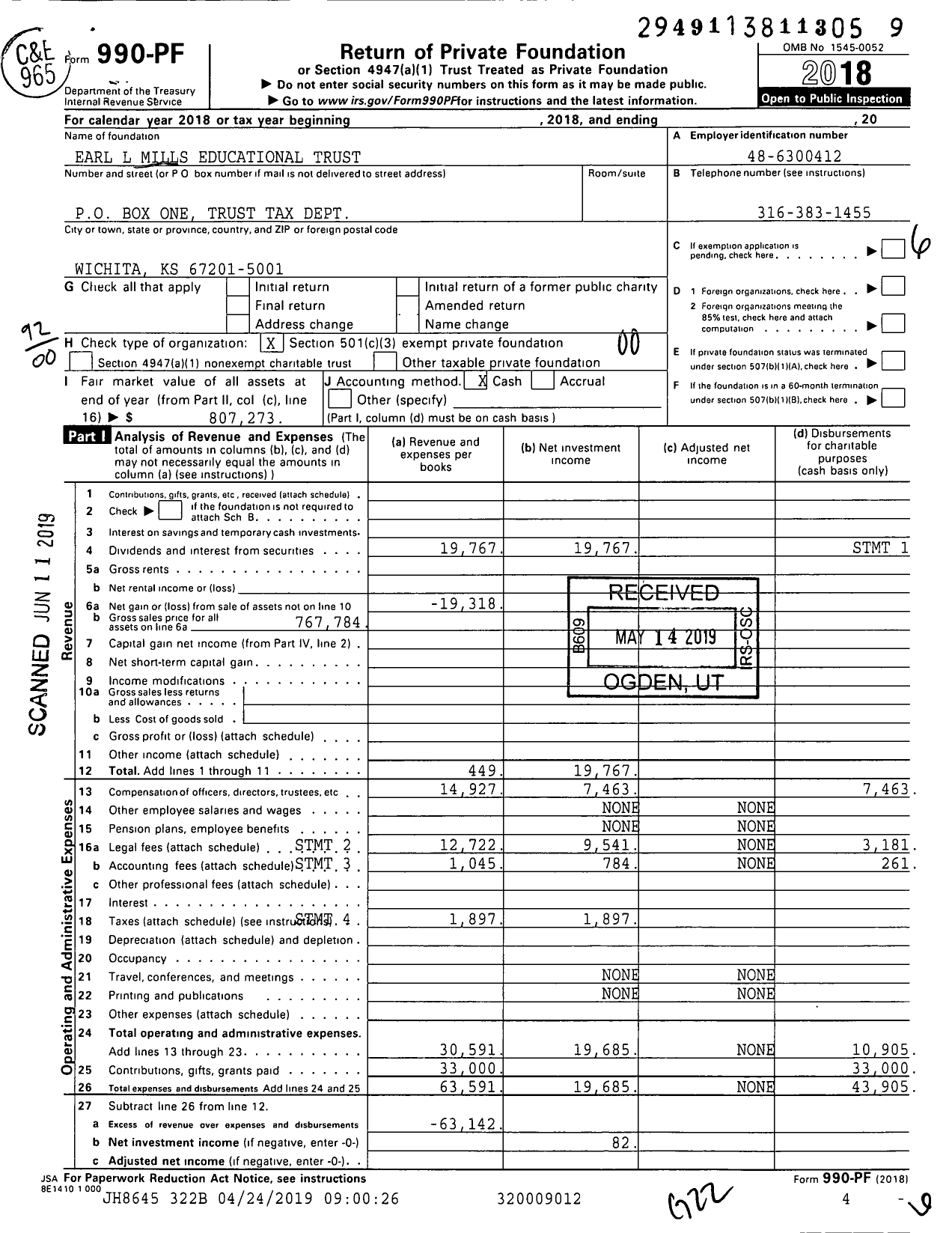 Image of first page of 2018 Form 990PF for Earl L Mills Educational Trust