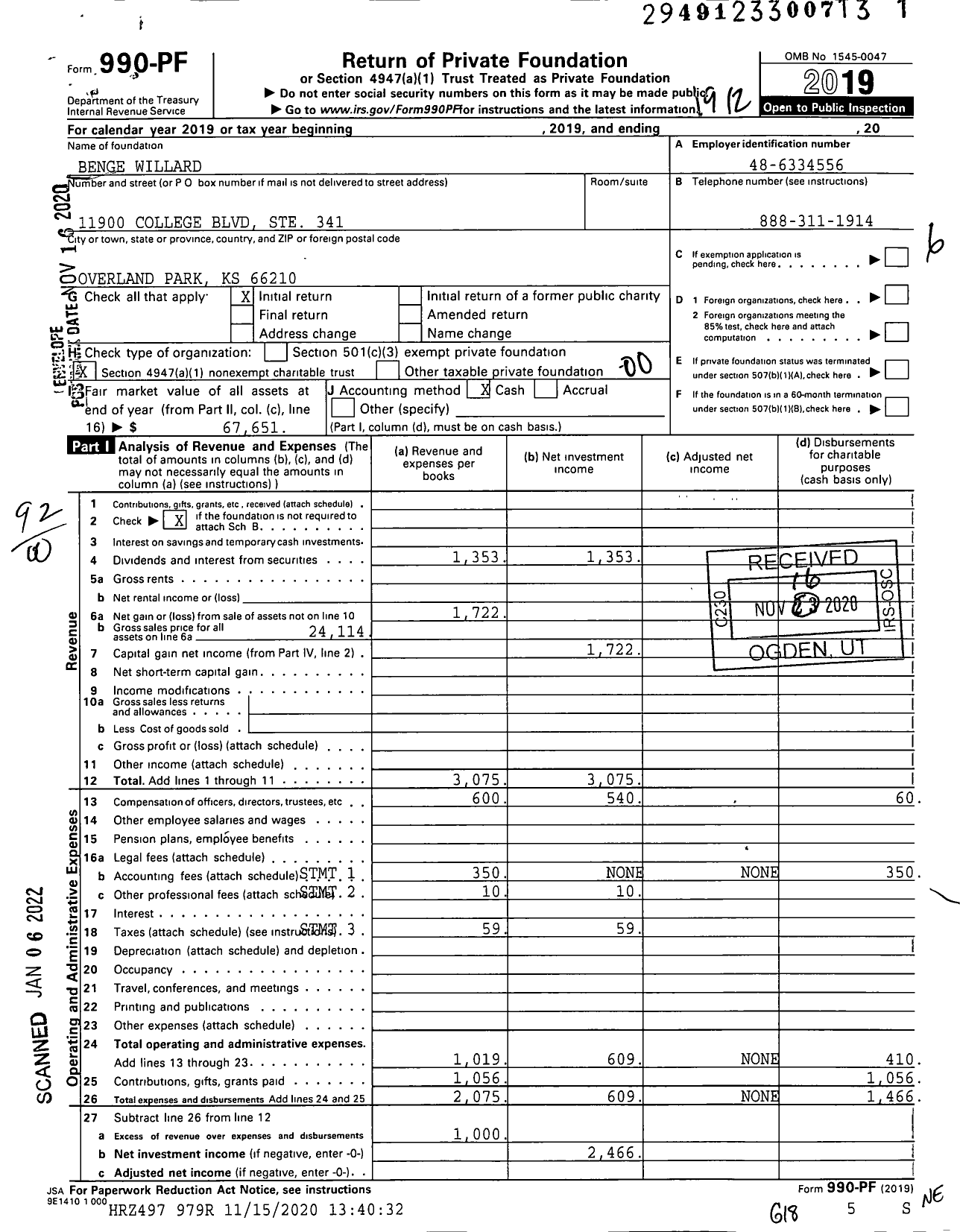 Image of first page of 2019 Form 990PF for Benge Willard