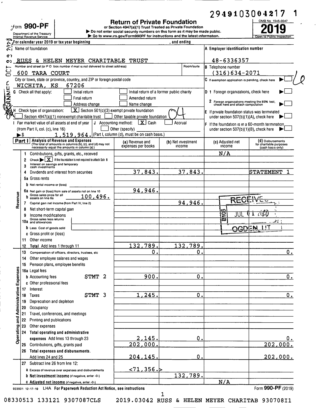 Image of first page of 2019 Form 990PF for Russ and Helen Meyer Charitable Trust