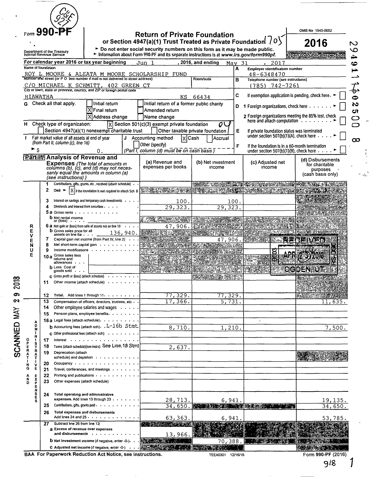 Image of first page of 2016 Form 990PF for Roy L Moore and Aleata M Moore Scholarship Fund