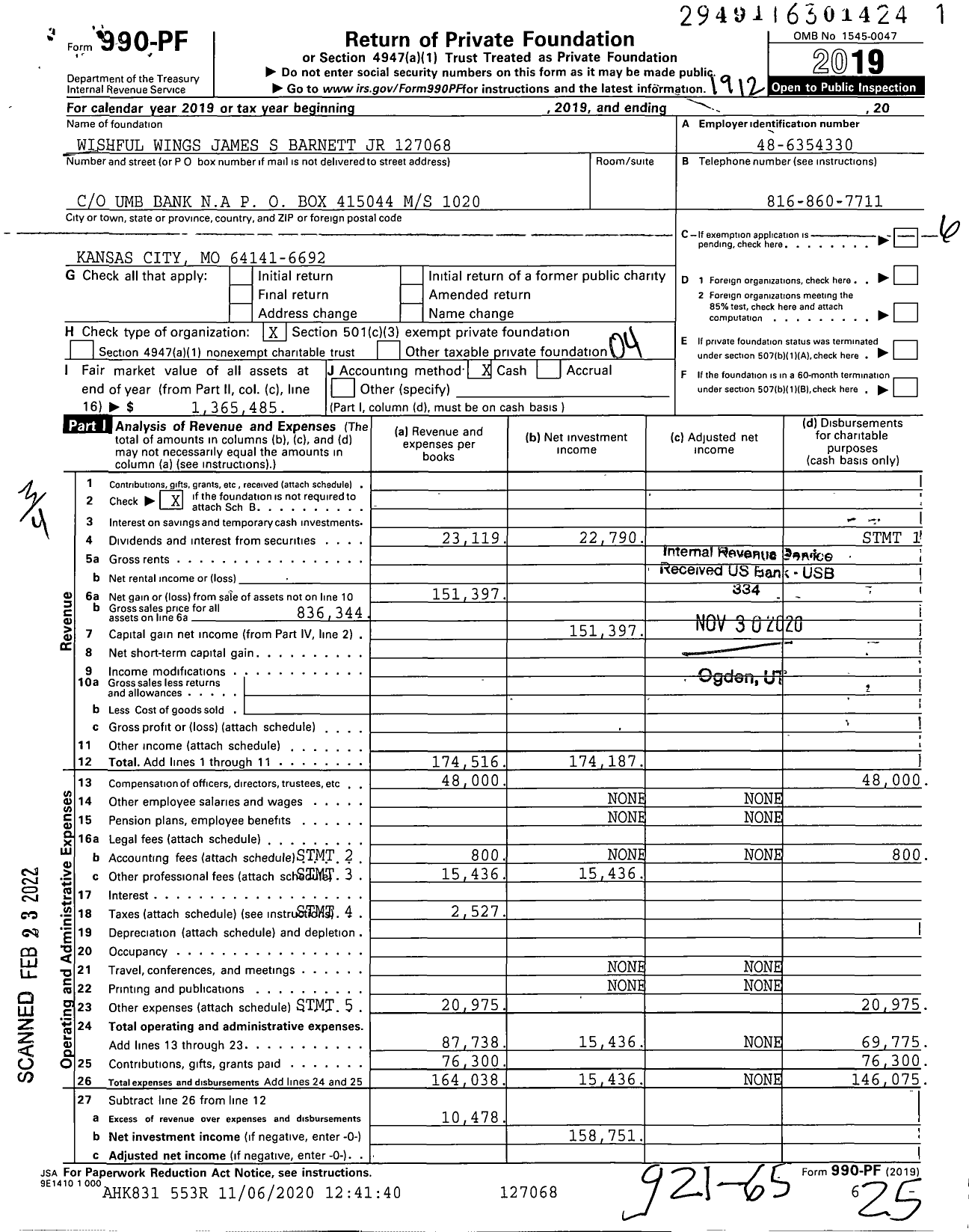 Image of first page of 2019 Form 990PF for Wishful Wings James S Barnett JR 12706800