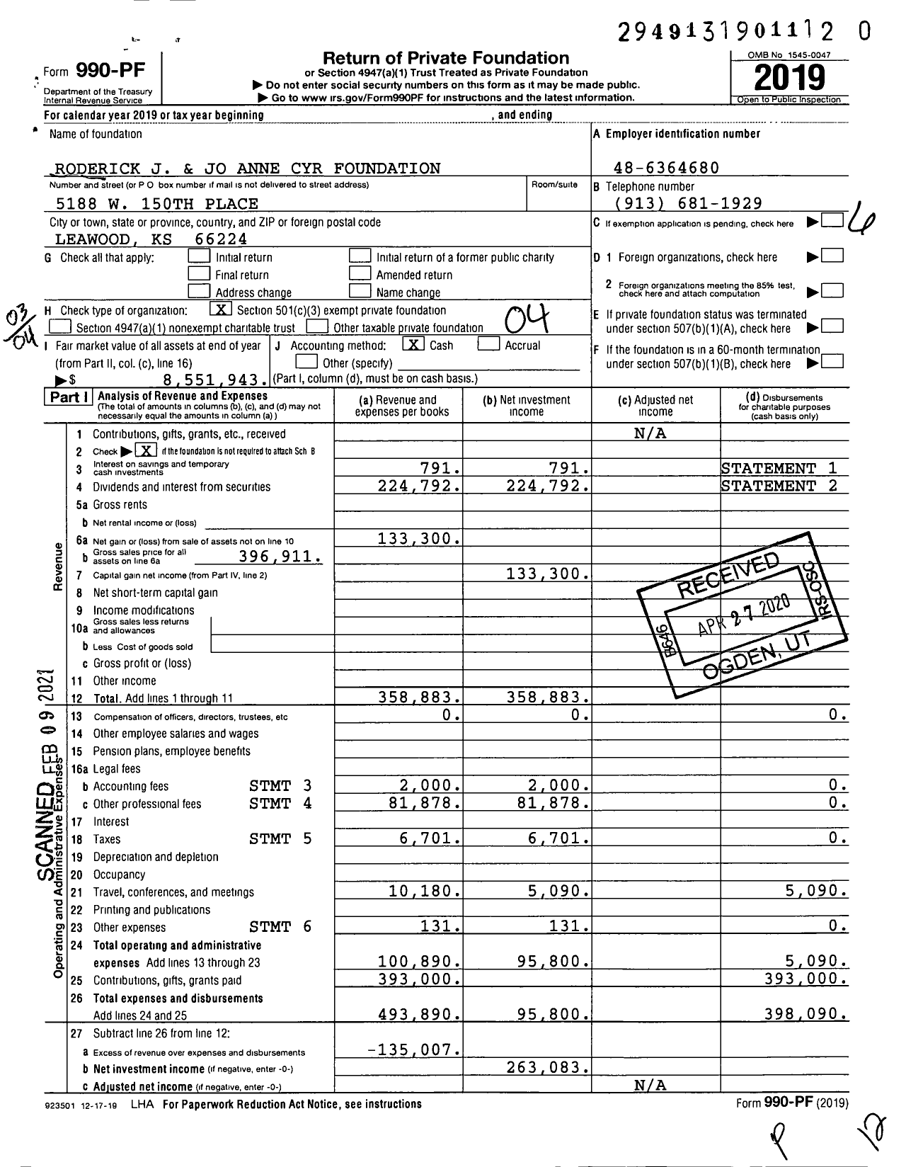 Image of first page of 2019 Form 990PF for Roderick J and Jo Anne Cyr Foundation