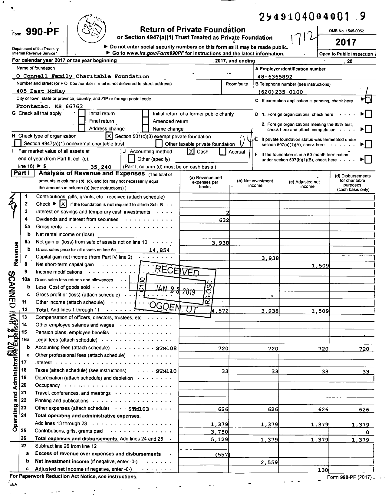 Image of first page of 2017 Form 990PF for O Connell Family Charitable Foundation