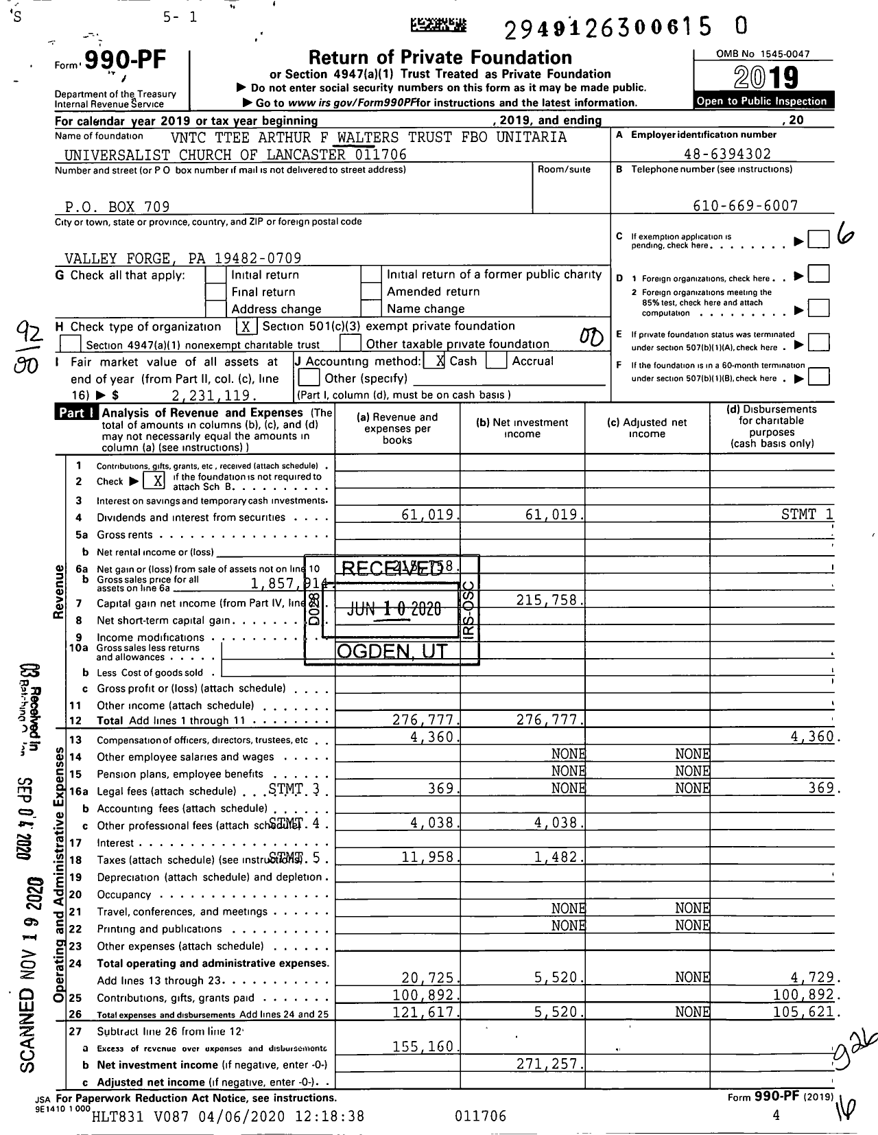 Image of first page of 2019 Form 990PF for VNTC Ttee Arthur F Walters Trust Fbo Unitaria