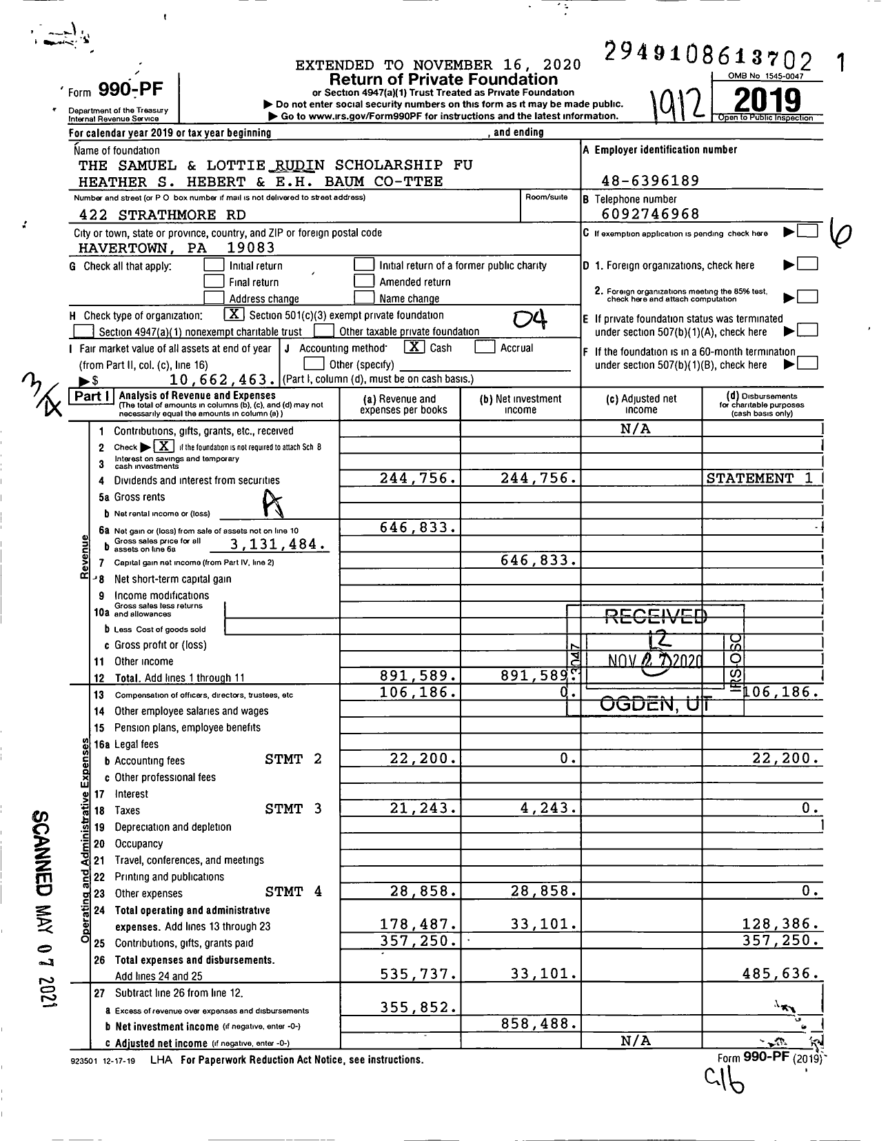 Image of first page of 2019 Form 990PF for The Samuel and Lottie Rudin Scholarship Fund