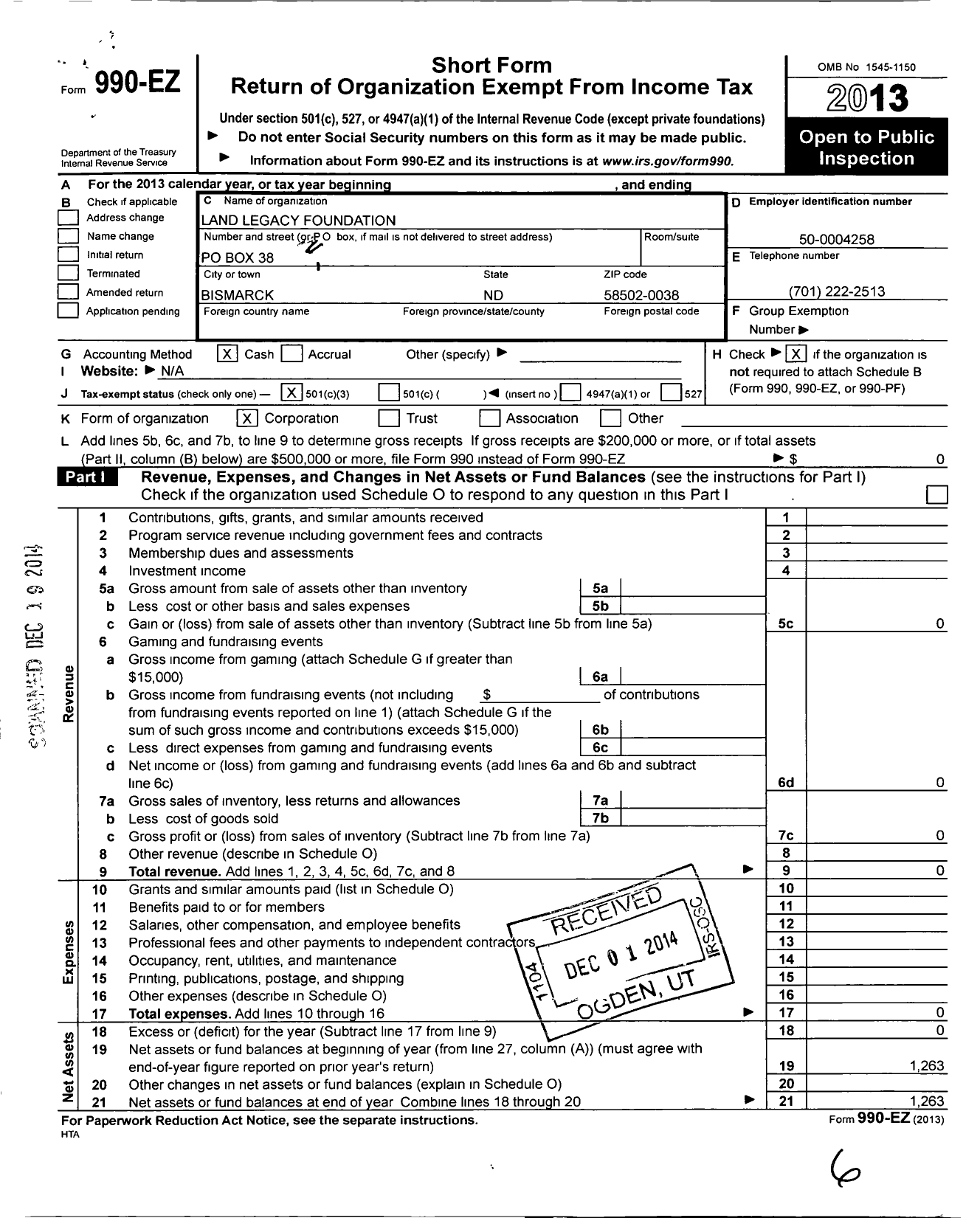 Image of first page of 2013 Form 990EZ for Land Legacy Foundation