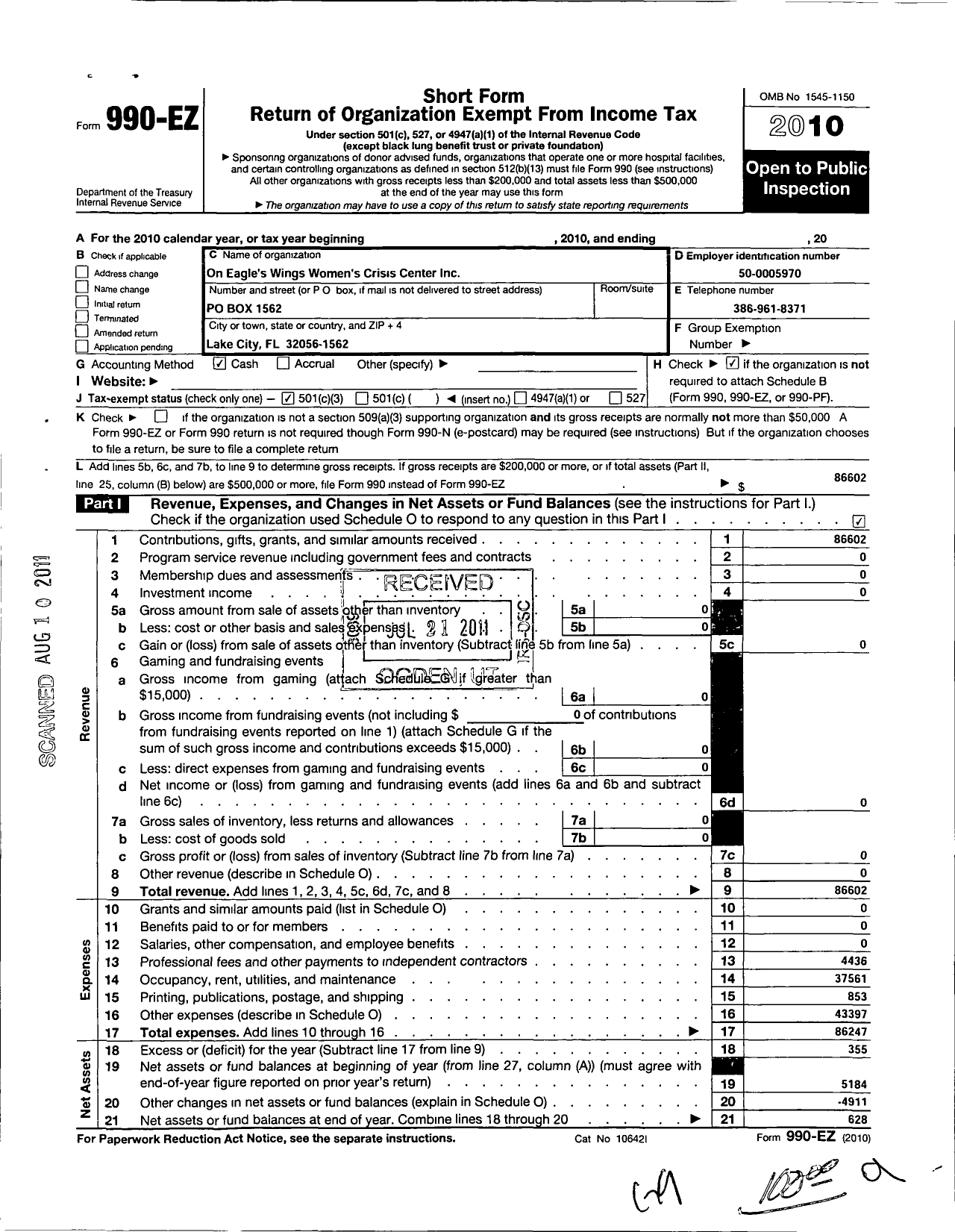 Image of first page of 2010 Form 990EZ for On Eagles Wings Womens Crisis Center