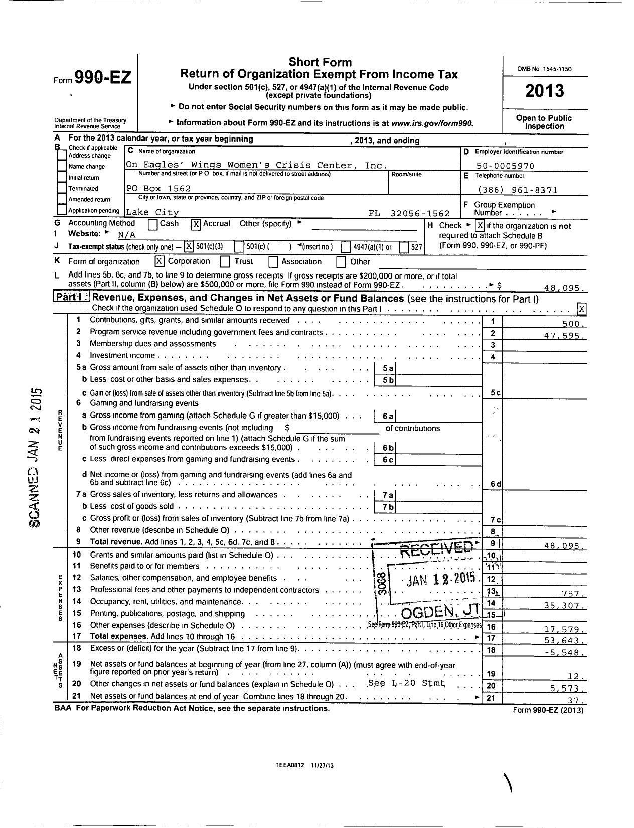 Image of first page of 2013 Form 990EZ for On Eagles Wings Womens Crisis Center