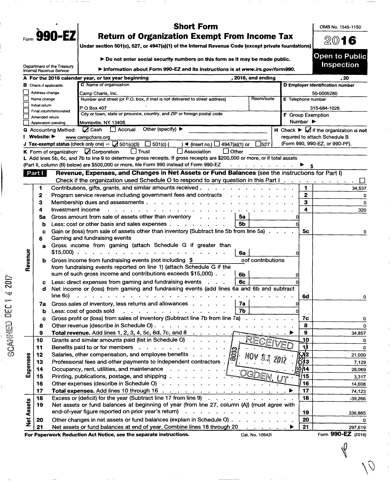 Image of first page of 2016 Form 990EZ for Camp Charis