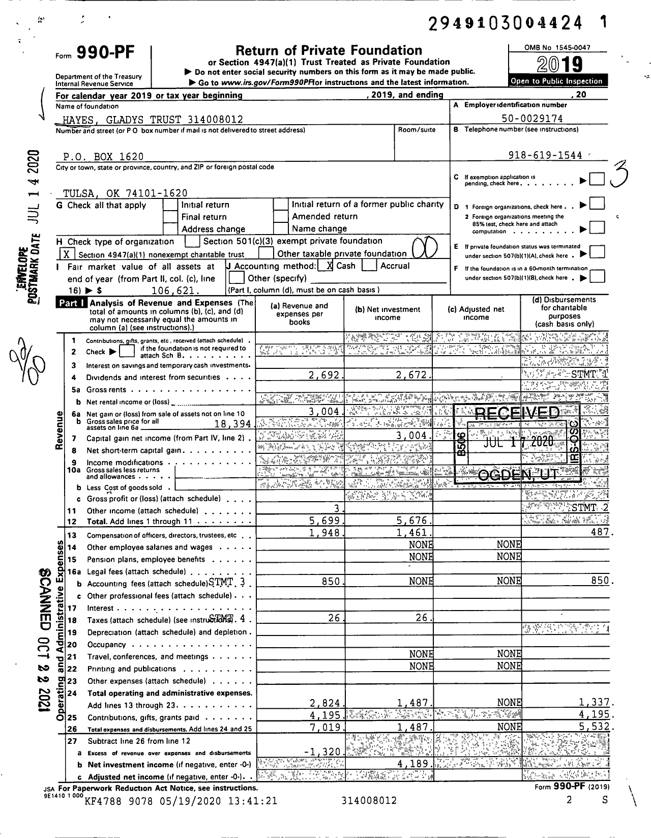 Image of first page of 2019 Form 990PF for Hayes Gladys Trust 314008012