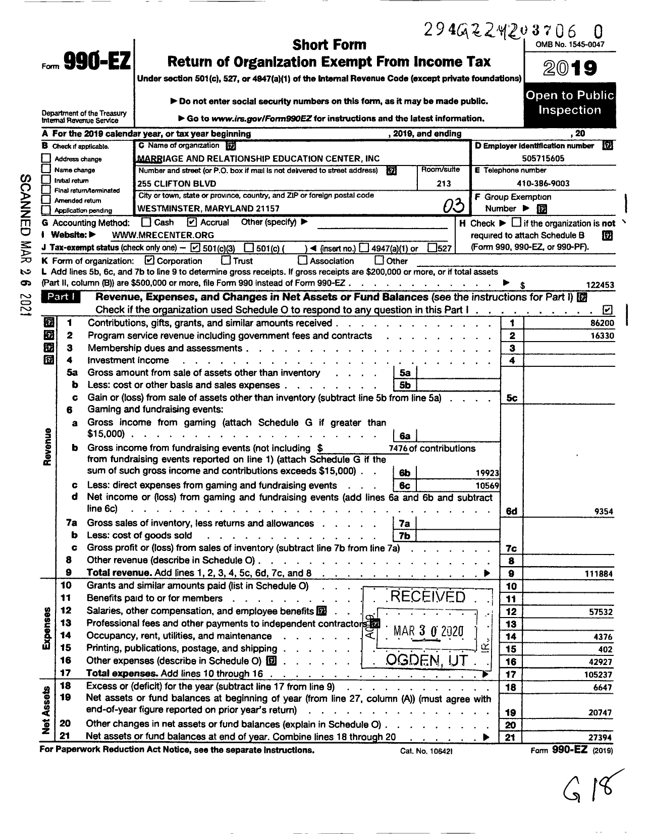 Image of first page of 2019 Form 990EZ for Marriage and Relationship Education Center (MREC)